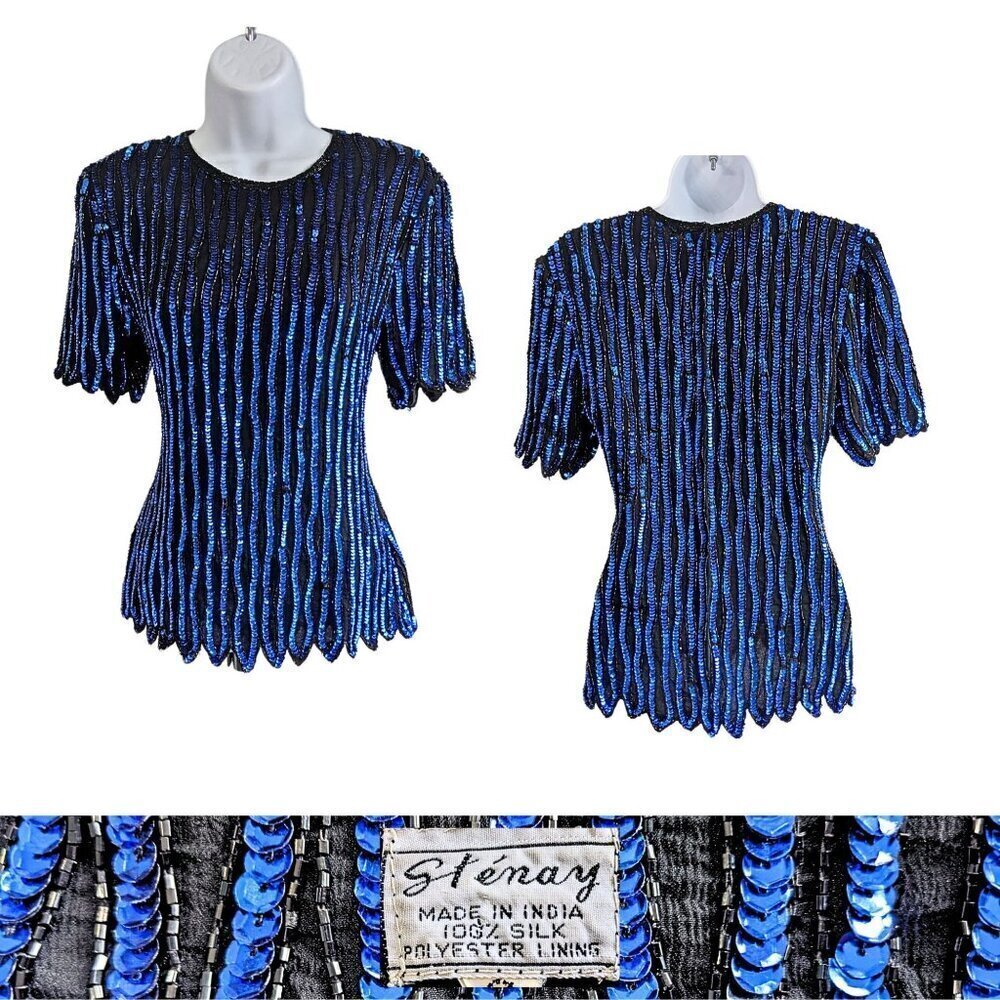 Vtg 80s STENAY Black Sapphire Blue 100% Silk Sequin Striped Evening Top Size S